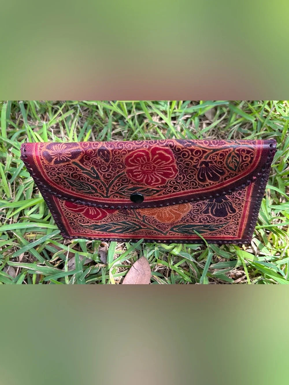 Vintage Handcrafted Leather Tooled Floral Envelope Leather Clutch - Red & Brown